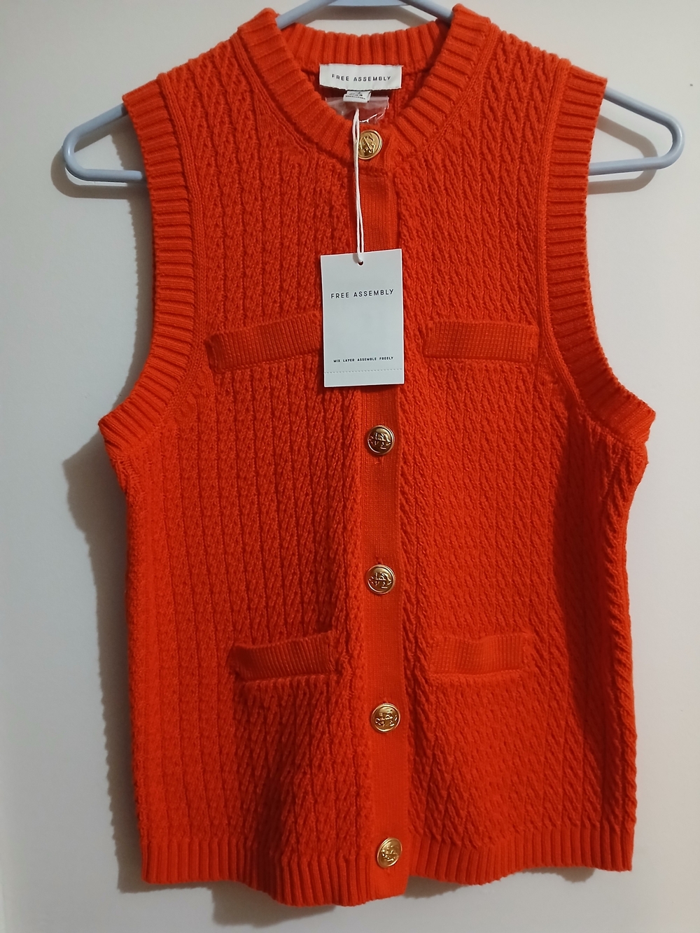 Free Assembly Women's Orange Cable Knit Sleeveless Cardigan Vest